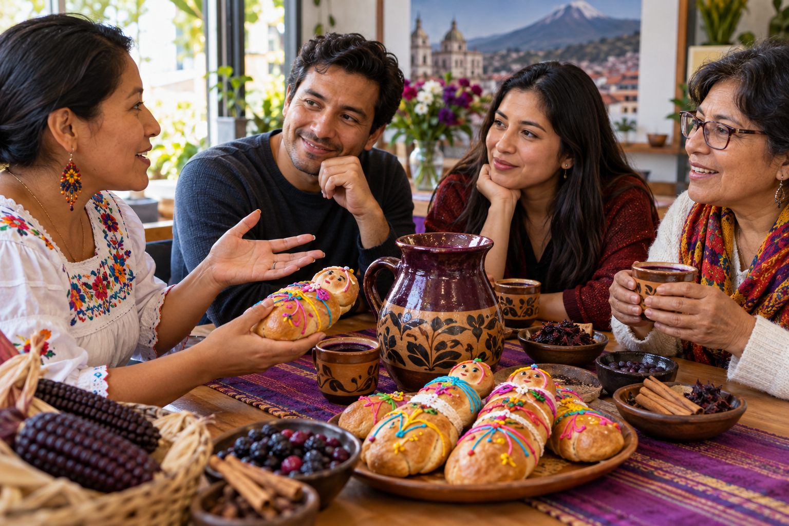 Conversación sobre colada morada y guaguas de pan ecuatorianas. Imagen generada con IA.