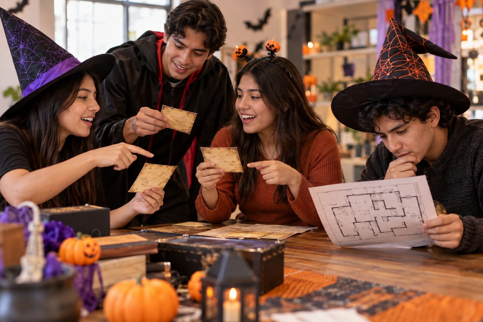 Participantes intercambian pistas en un reto de misterio de Halloween. Imagen generada con IA.